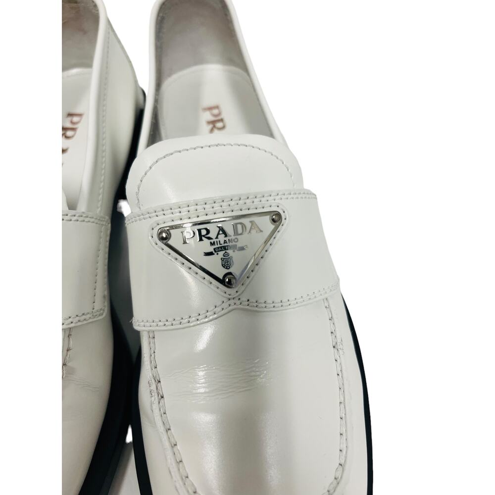PRADA White Leather Metal Triangle Logo Slip-On Loafers Size 36.5 US 6.5 - Picture 8 of 11
